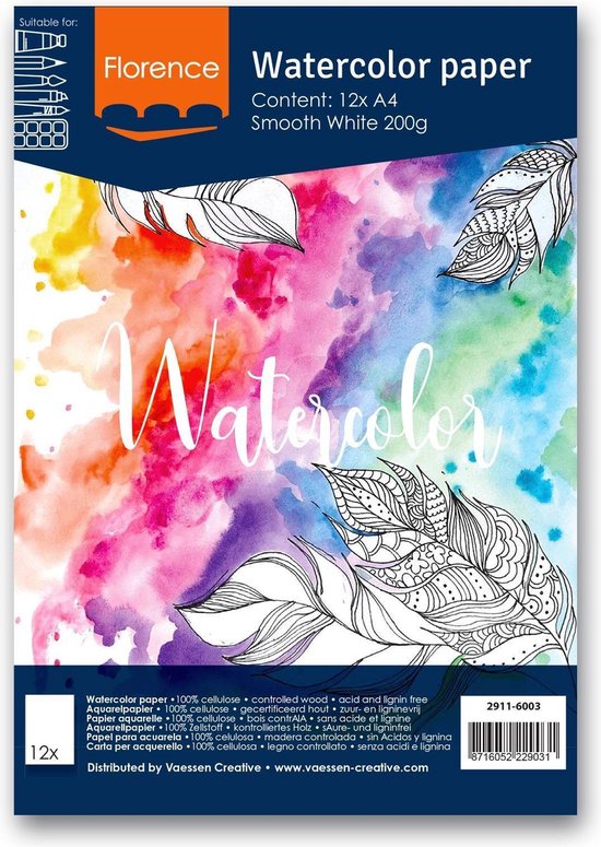 Foto: Aquarelpapier intense white a4 200 grams gladde structuur smooth florence 12 vellen