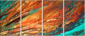 Oranje En Aquamarijn Abstract. 4 Panelen 160x70cm Panoramisch Kunst schilderij, Canvas 100% katoen uitgerekt op het frame van hoge kwaliteit, muurhanger geïnstalleerd, Wanddecoratie.
