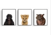 Poster Set 3 Jungle / Safari Baby Aapje Cheeta Nijlpaard - 40x30cm/A3 - Baby / Kinderkamer - Dieren Poster - Muurdecoratie