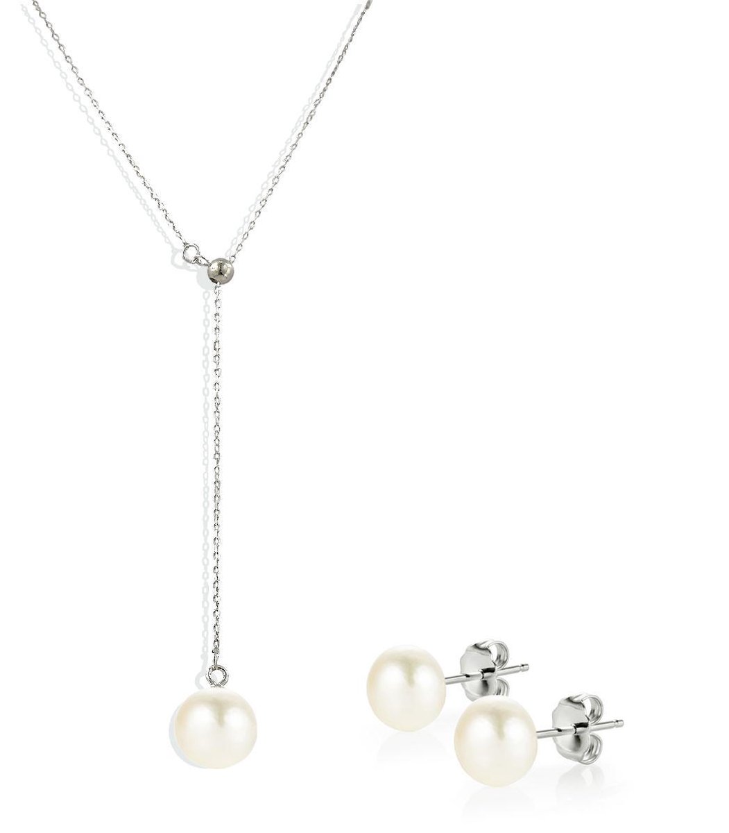 PROUD PEARLS® Set van zilveren ketting en oorknopjes met parels