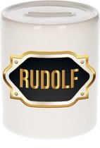 Rudolf naam cadeau spaarpot met gouden embleem - kado verjaardag/ vaderdag/ pensioen/ geslaagd/ bedankt