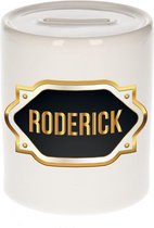 Roderick naam cadeau spaarpot met gouden embleem - kado verjaardag/ vaderdag/ pensioen/ geslaagd/ bedankt