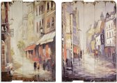 Wanddecoratie - Het stadsleven - Vintage prints op hout - 50 cm breed