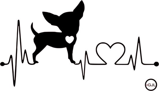 Auto - Raam Sticker -  Chihuahua met hartslag 8 x 14 cm - Kleur Zwart