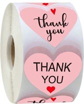 500 stickers op rol hart roze Thank You 2,5 cm
