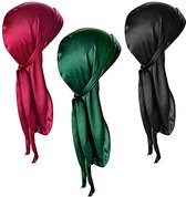 Durag - Zinaps Deluxe Durag Set van 3 Lange Staart Bandana's Satijnen Hoofddoek Piratenhoed Bandana's voor Heren Dames Hiphop en Dagelijkse Decoratie Zwart / Groen / Roodl 100 cm