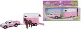 Kids Globe Mitsubishi pick-up auto roze / wit  + Paardentrailer met 2 Paarden totale afmeting 27 cm