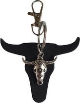 Leren sleutel- tas hanger zwart met buffel hoofd en buffel bedel - De Riemenspecialist