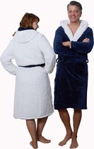 2 kanten draagbare badjas met teddy voering - navy - capuchon - unisex model Xl/XXL - reversible badjas fleece