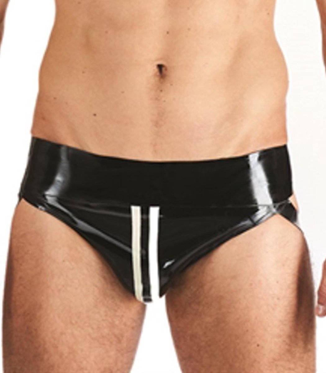 Mister B Rubber Jock Strap Zwart met witte streep - xs