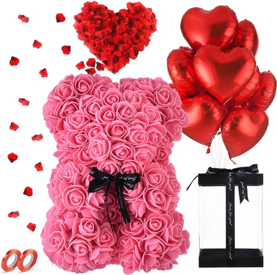 Ours rose rose dans une boîte cadeau de Luxe avec Ballons d'amour et pétales de rose - Saint-Valentin - Cadeau Je t'aime