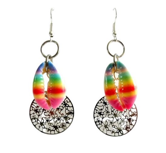 2 Love it Kauri Rainbow - Boucles d'oreilles - Boucles d'oreilles pendantes - Coquille - Métal - Longueur 6 cm - Blauw - Vert - Rose - Rouge - Wit - Couleur argent