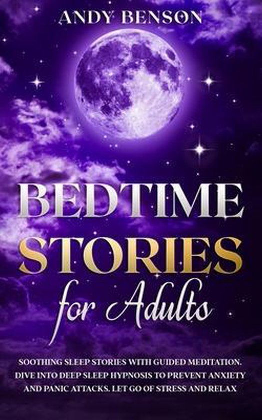 Boekomslag van 'Bedtime Stories for Adults' door Andy Benson, met een paarse maan en sterrenhemel.
