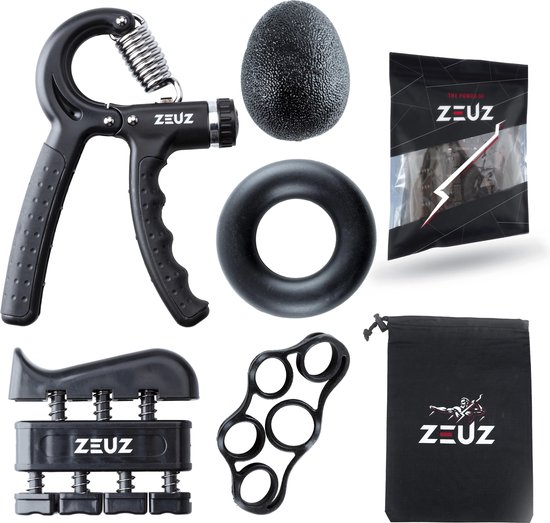ZEUZ® 5-Delige Fitness Handtrainer Set – Trainer voor Hand, Onderarm, Pols & Vingers – Stressbal, Knijphalter, Stretcher & Grip bal – Anti RSI