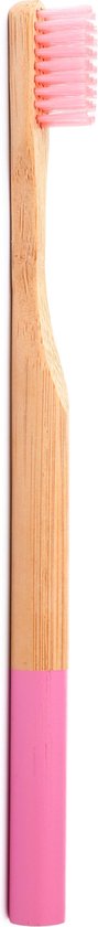 Houten tandenborstel met roze handvat en roze borstelharen, zijprofiel.