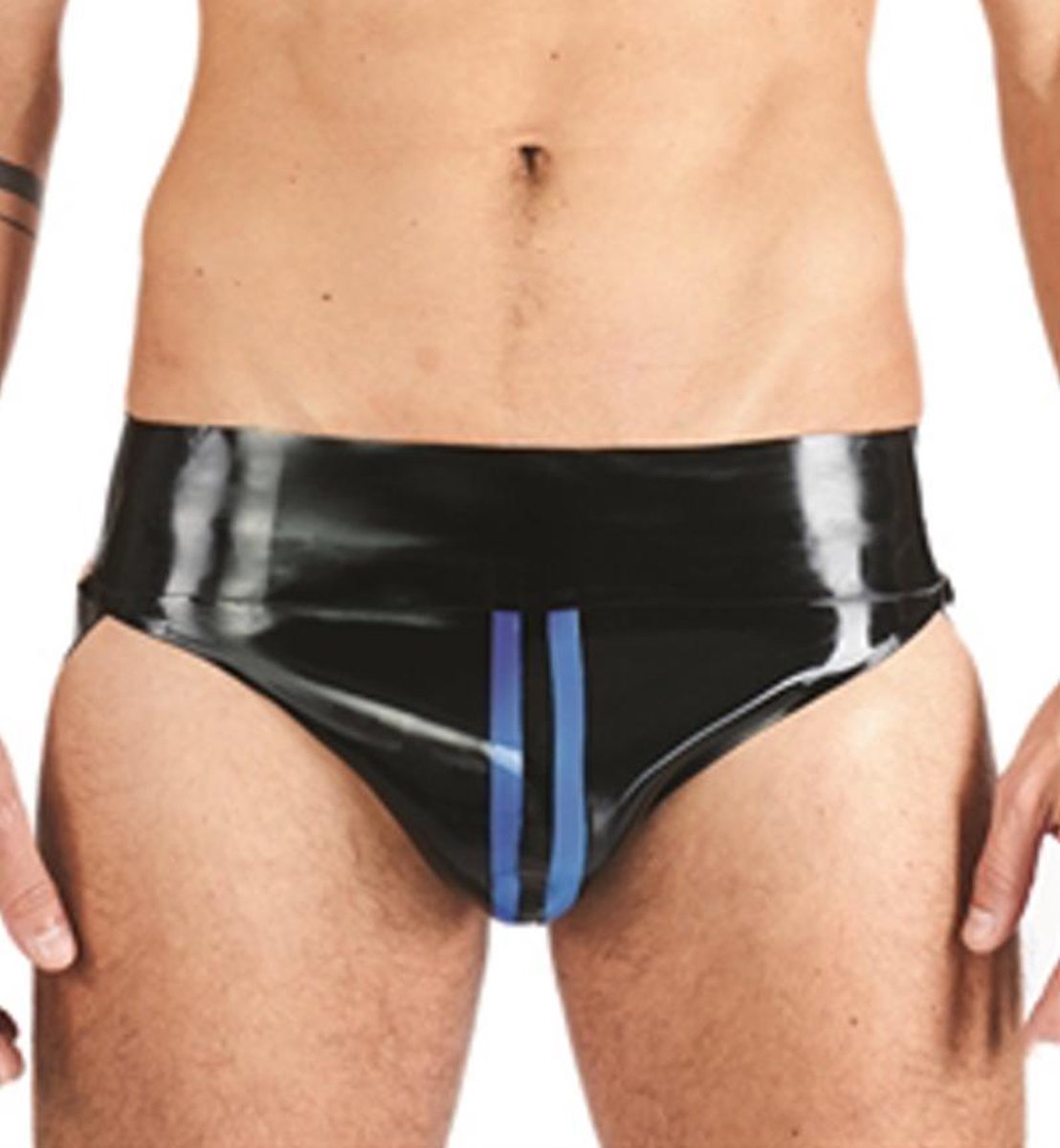 Mister B rubber jockstrap zwart met blauwe bies xl