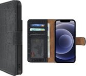 Iphone 12 Pro Max Hoesje - Leder Bookcase - Iphone 12 Pro Max Book Case Wallet Echt Leer Croco Zwart Cover