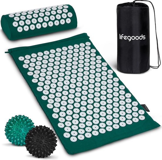 Lifegoods acupressuur mat met kussen - spijkermat incl. 2x triggerpoint bal - draagtas - 66x40x2cm - groen/wit