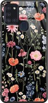 Samsung A21s hoesje glas - Dark flowers - Hard Case - Zwart - Backcover - Bloemen - Zwart