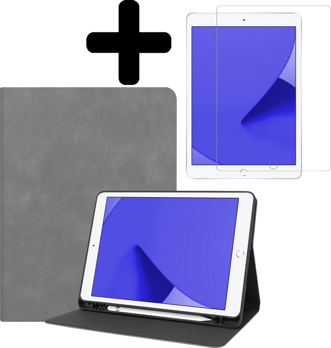 Hoes - Geschikt voor Apple iPad 7/8 (2019/2020) - 10.2 inch - 7e/8e Generatie - Met Screenprotector - Luxe Bookcase - Hard Cover Case - Met Uitsparing Geschikt voor Apple Pencil - Hardcover Book Tablet Hoesje - Grijs