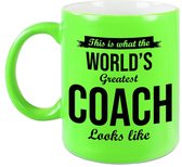 Worlds Greatest Coach cadeau koffiemok/theebeker neon groen 330 ml