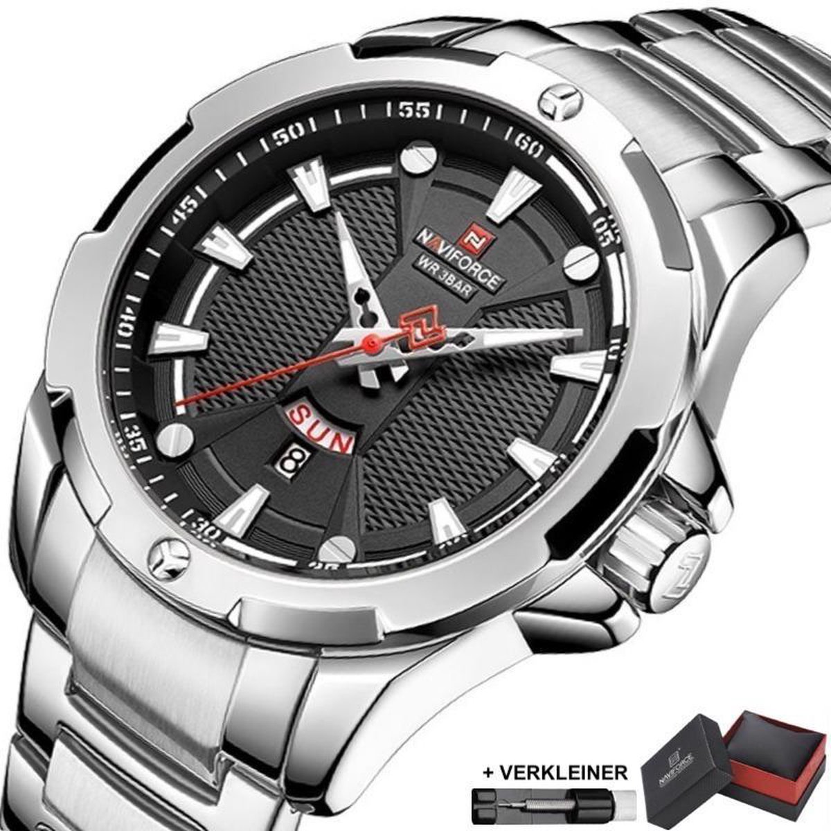 Naviforce® Horloges voor Mannen Herenhorloge Jongens Heren Watch Horloge - Valentijn Cadeautje voor Hem - Horlogebox Geschenkdoos - Zilver Zwart