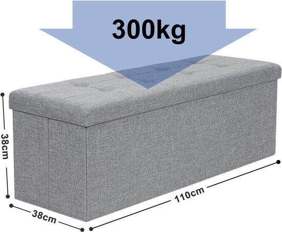 Grijze opbergkist 110 x 38 x 38 cm met gewatteerd deksel, draagkracht 300 kg.