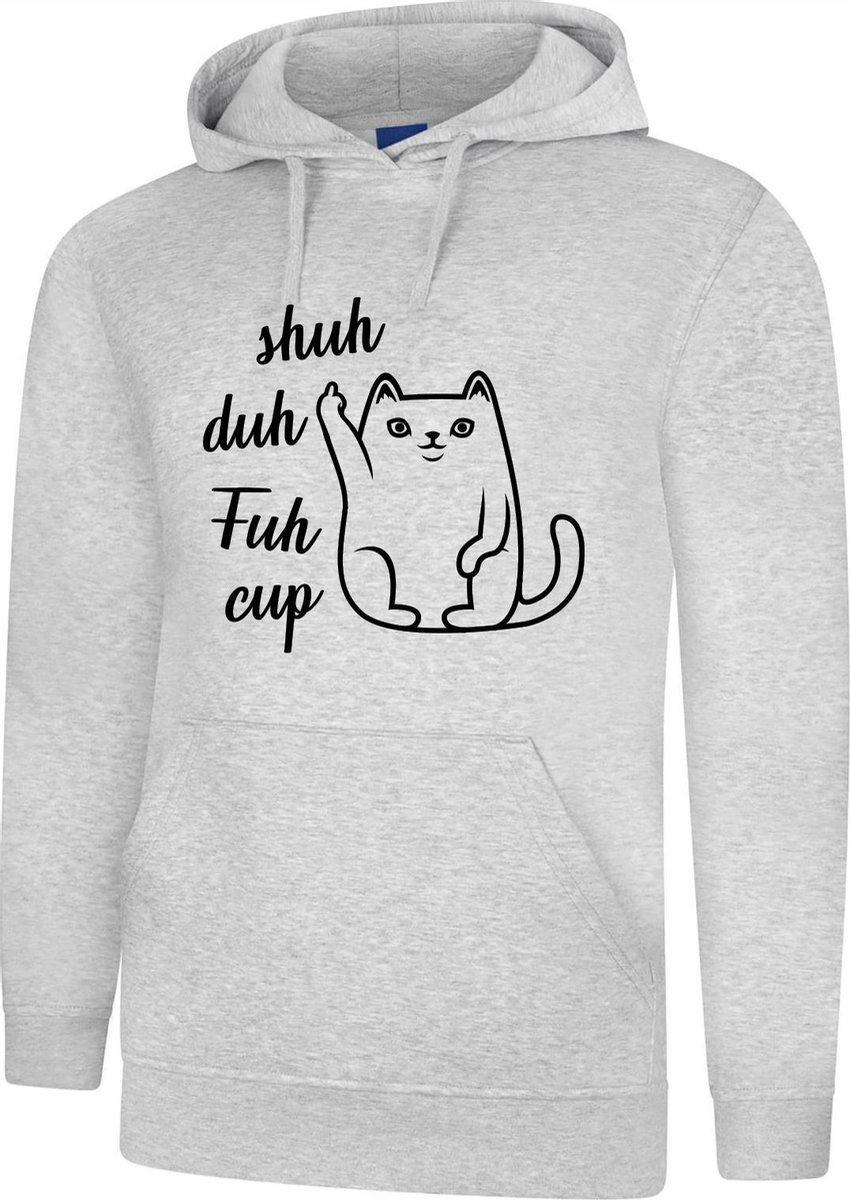 Hooded Sweater - met capuchon - Casual Hoodie - Lifestyle Hoody - Workout Sweater - Chill Sweater - Kat - Cat - Heather Grey - Shuh Duh Fuh Cup - Maat XS