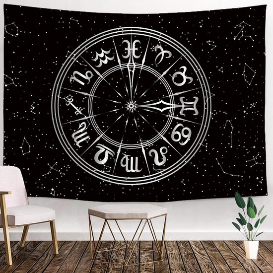 Ulticool - Heelal Horoscoop Zodiac Tarot Zwart Wit  - Wandkleed - 200x150 cm - Groot wandtapijt - Poster