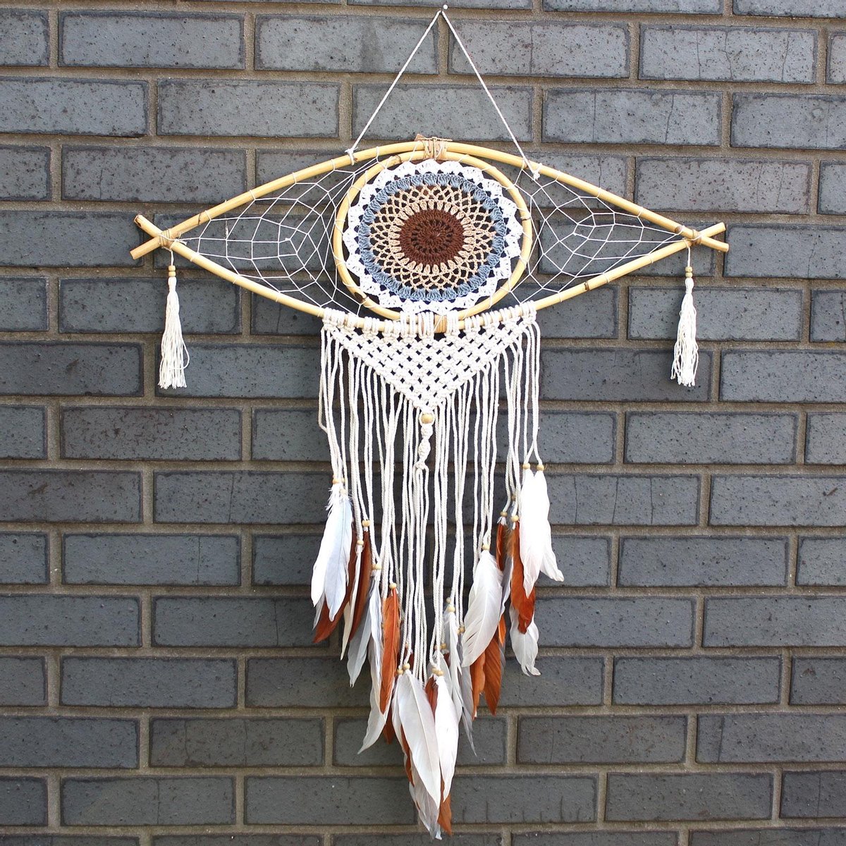 Ancient Wisdom Macramé Dromenvanger - Bescherming - Boze Oog - Bruin, Grijs & Wit - 70x1x23x85cm