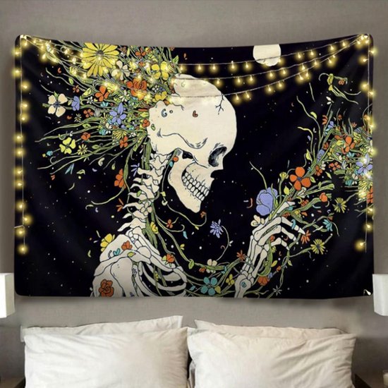Wandkleed binnen - Wandtapijt - Schedel - Bloemen - Muurkleed - Wanddoek Stof - 200 x 150 cm - Wanddecoratie - Wandhanger - Muurhanger - Fotobehang - Poster - Ulticool - Decoratie - Woonkamer - Slaapkamer