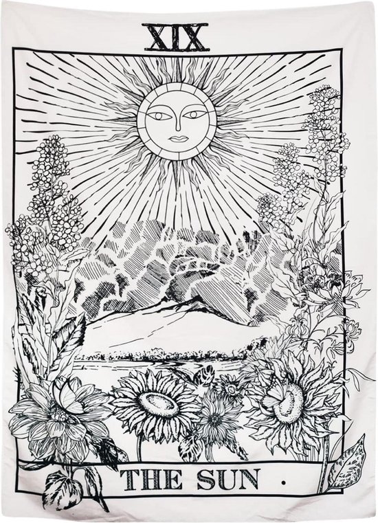 Ulticool - Zon Natuur Bloemen Vintage Retro Tarot Kaarten Horoscoop Zwart Wit - Wandkleed - 200x150 cm - Groot wandtapijt - Poster
