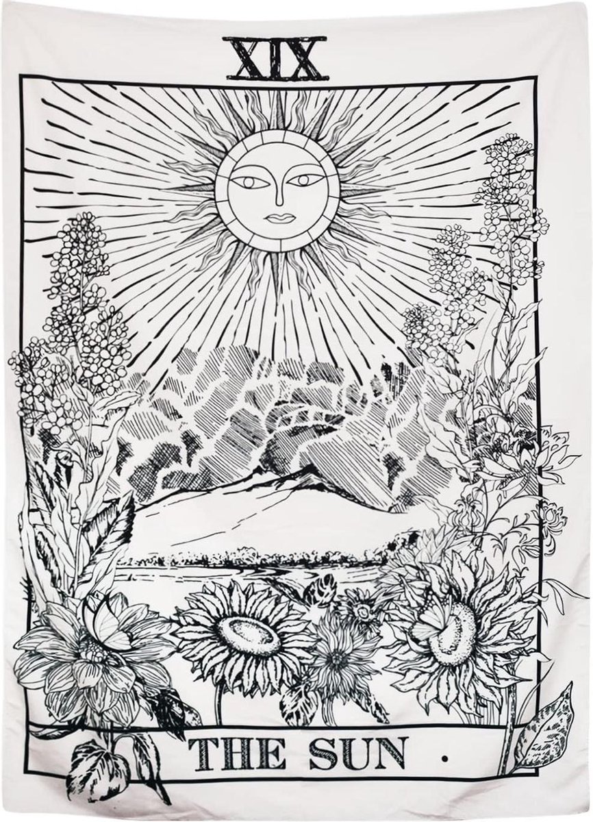 Ulticool Zon Natuur Bloemen Vintage Retro Tarot Kaarten Horoscoop Zwart Wit - Wandkleed - 200x150 cm - Groot wandtapijt - Poster