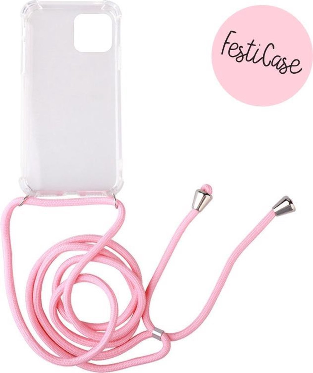 FESTICASE iPhone 12 Pro Telefoonhoesje met koord (Roze) TPU Soft Case - Transparant - Back Cover