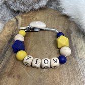 BabyBeadz.nl - Speenkoord - Speenkoord met naam - Oker Donkerblauw - Speenkoorden - Handgemaakt - Kraamcadeau - Babyshower - Baby - Speenclip