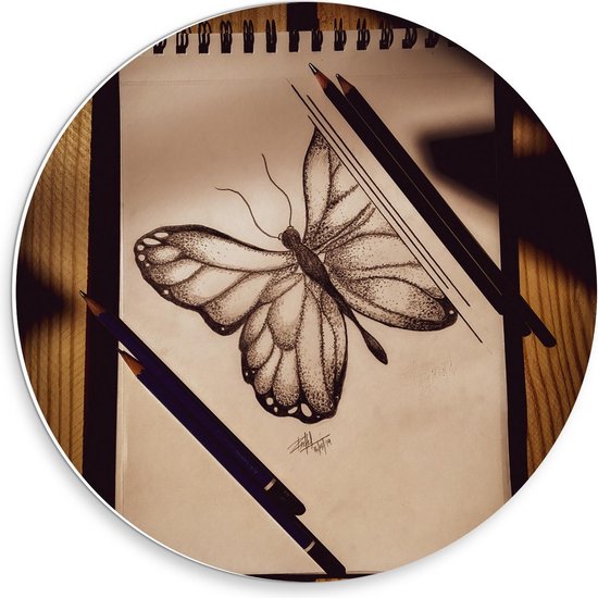 Forex Wandcirkel - Getekende Vlinder op Schetsblok - Foto op Wandcirkel (met ophangsysteem)