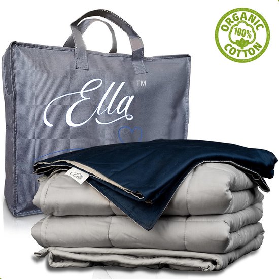 Ella® XL Verzwaringsdeken Katoen 11 kg 200 x 220 cm - Bundel met Hoes - Verzwaarde deken Incl. Grijs & Blauw Biologisch Katoenen Overtrek