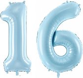 Folie ballon cijfer 16 jaar – 80 cm hoog – Blauw – Sweet Sixteen - met gratis rietje - Feestversiering