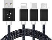 3 in 1 oplaad kabel (USB Micro, USB Type-C & Lightning) - 1,2 Meter (Black-Nylon)