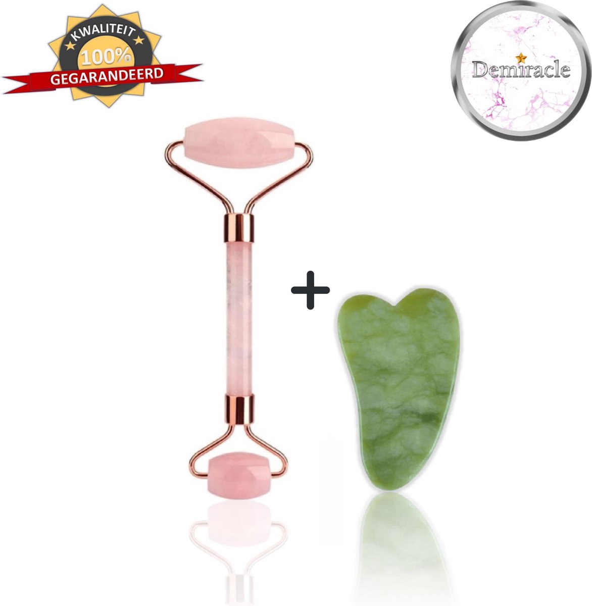 Demiracle Rose Quartz Face Roller met Gua Sha Jade Schraper - Valentijnsdag - Cadeau - Gezichtsroller - Massage Roller - Jade Roller - Rimpelverwijdering - Ontspanning - Kwaliteit