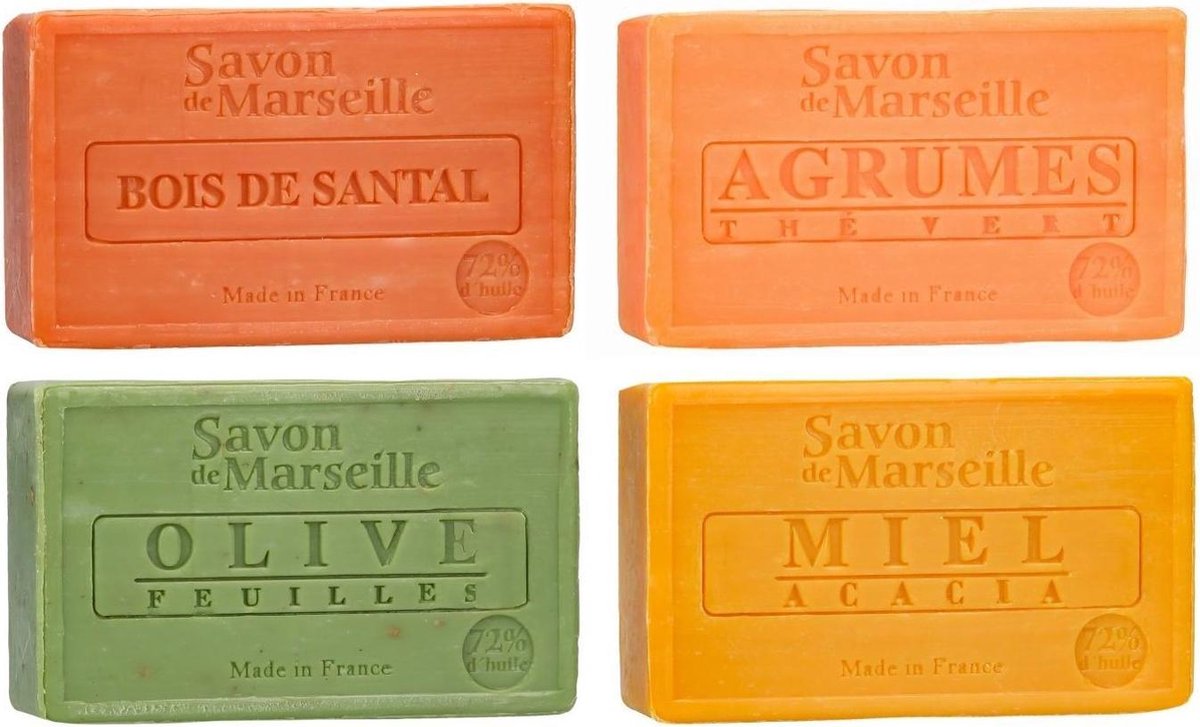 Set Marseille zeep 4 x 100 gram in geuren sandalwood-citrus-olijven-honing  - Franse... | bol.com