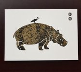 Nijlpaard (Hippo) met ibis op de rug - A4 Linodruk prent handgedrukt door Artisjok-mobiel - Posters van Dieren