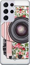 Samsung S21 Ultra hoesje siliconen - Hippie camera | Samsung Galaxy S21 Ultra case | Roze | TPU backcover transparant