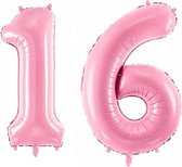 Folie ballon cijfer 16 jaar – 80 cm hoog – Roze – Sweet Sixteen - met gratis rietje - Feestversiering