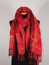 Wollen geborduurde sjaal en omslagdoek  Fris-Rood