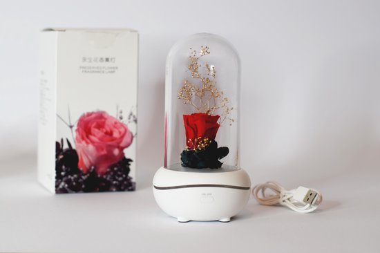 Witte aromadiffuser met rode roos onder stolp, naast doos met roze roos afbeelding. USB-kabel zichtbaar.