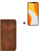 iPhone 12 Mini hoesje - iPhone 12 Mini Screenprotector - Bookcase Portemonnee Hoes Ultra dun Echt leer Wallet case Cognac Bruin + Screenprotector