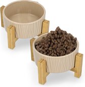 Navaris® keramische verhoogde eco vriendelijke voerbakken - Groot, 937 ml Verhoogde voer- en drinkbakkenset voor katten en kleine honden met houten standaards