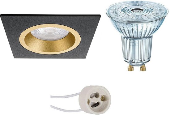 LED Spot Set - OSRAM Parathom PAR16 930 36D - Pragmi Rodos Pro - GU10 Fitting - Dimbaar - Inbouw Vierkant - Mat Zwart/Goud - 3.7W - Warm Wit 3000K - 93mm