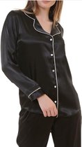 Satijn Dames 2- Delige -Pyjama- Luxe Pyjamaset- Nachtkleding Zwart Maat S
